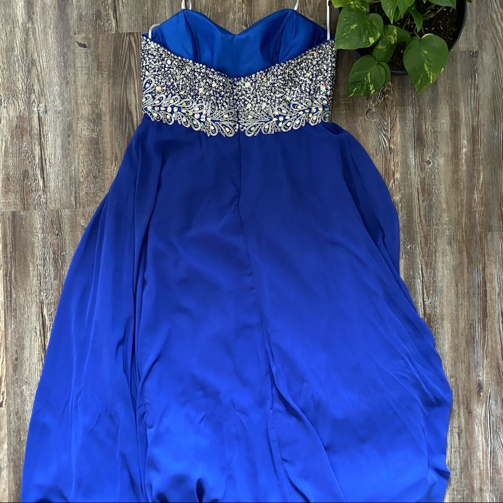 Beaded Blue Strapless Full-Length Prom Dress - Picture 6 of 11